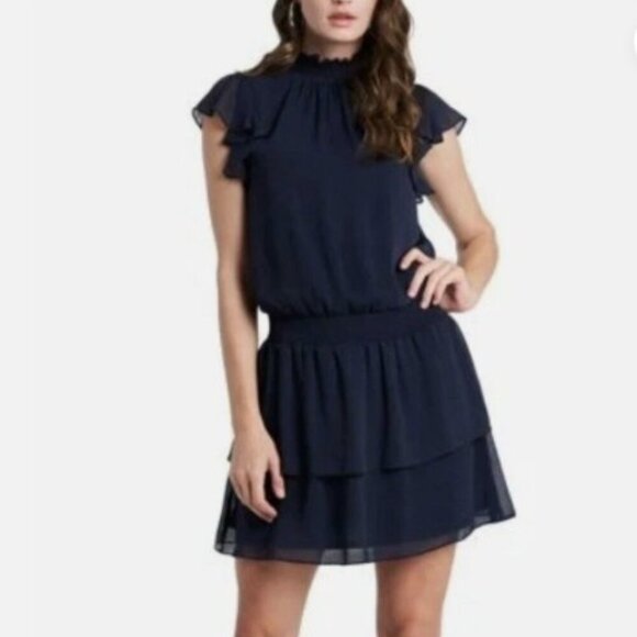 1. STATE Navy Blue Mock Neck Smocked Blouson Ruffle Mini Dress Women's Size XS - Picture 1 of 10